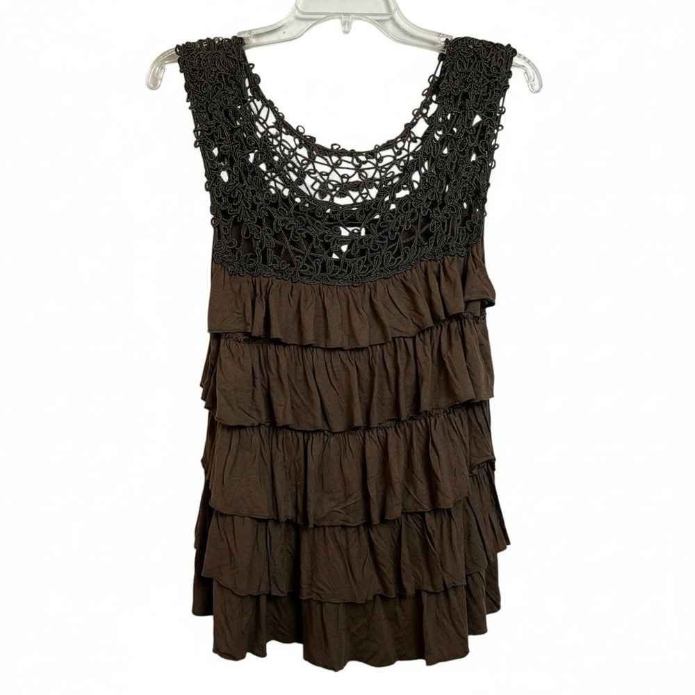 Luii Ts Brown Crochet Neck Ruffle‎ Tiered Sleeveless Tank Top M Cottagecore